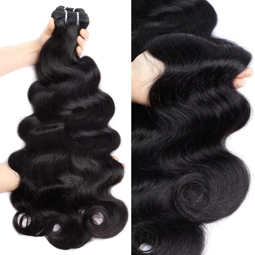 Body Wave Virgin Human Hair Bundles held by a hand on a white background