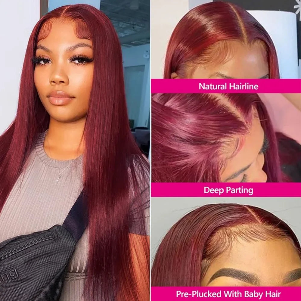 Model wearing a straight burgundy wig, with close-ups of the center part, lace-front hairline and styled baby hairs