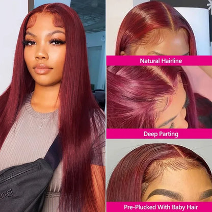 Burgundy Bone Straight Lace Front Wig, Pre Plucked