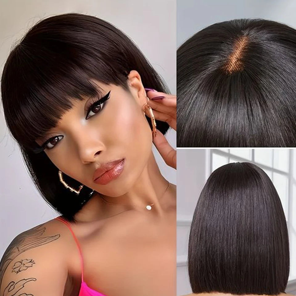 Model wearing a black bob with blunt bangs, alongside close-ups of the crown parting and straight-cut back.