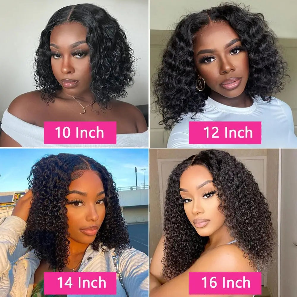 Length comparison showing models wearing black deep wave bob wigs in 10, 12, 14 and 16-inch lengths.