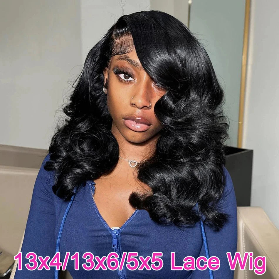 Model wearing a black body wave wig with a deep side part, side-swept fringe and glossy curls.