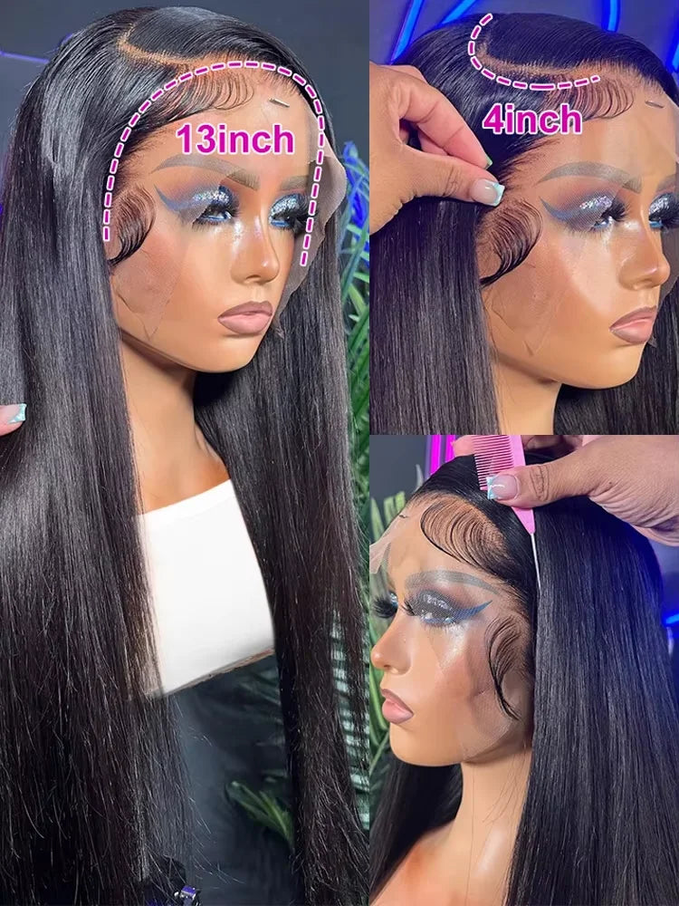 Black straight wig on a mannequin, with markings showing 13-inch lace width and four-inch parting depth.