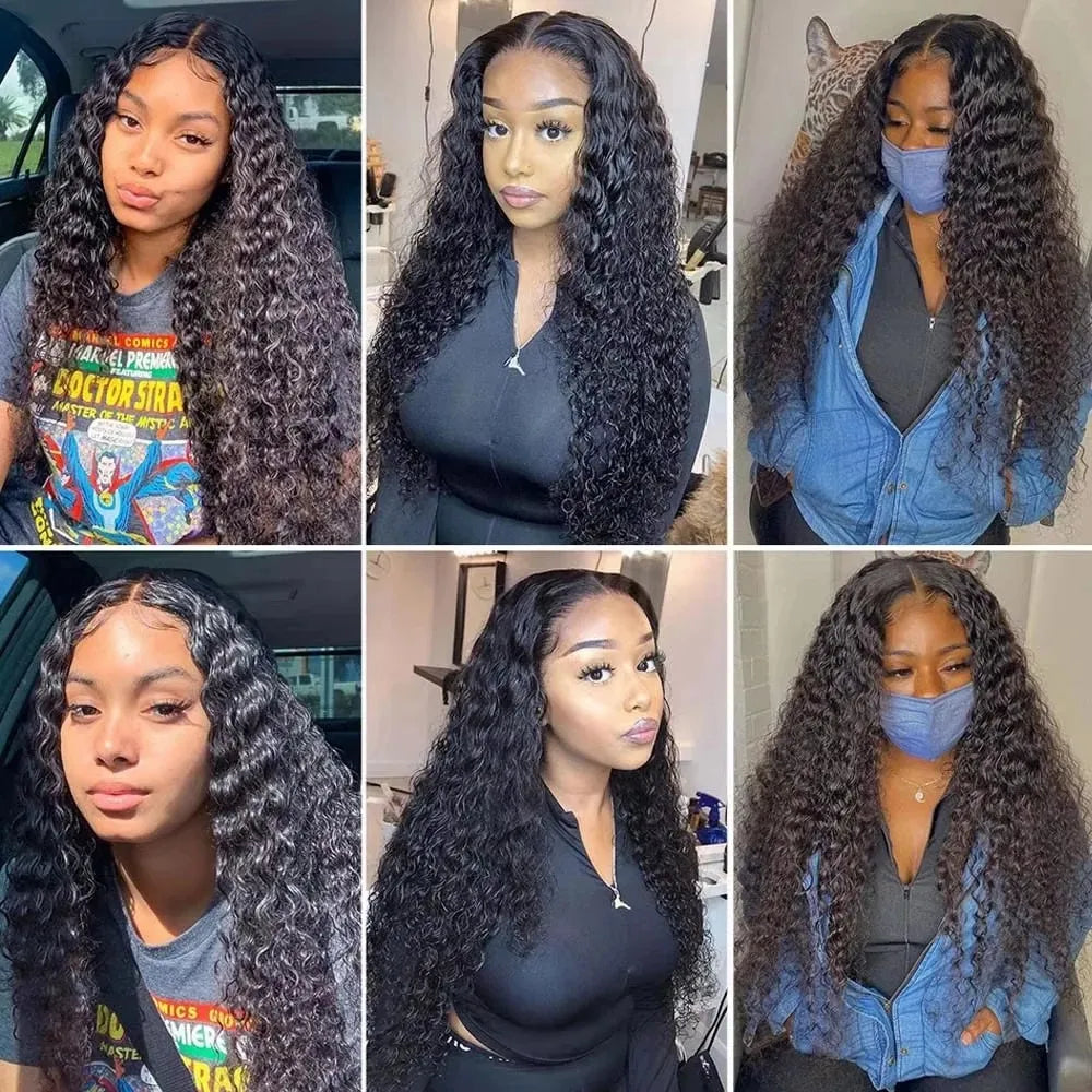 Six-photo collage of models wearing long black deep wave wigs with center parts and varying curl definition.