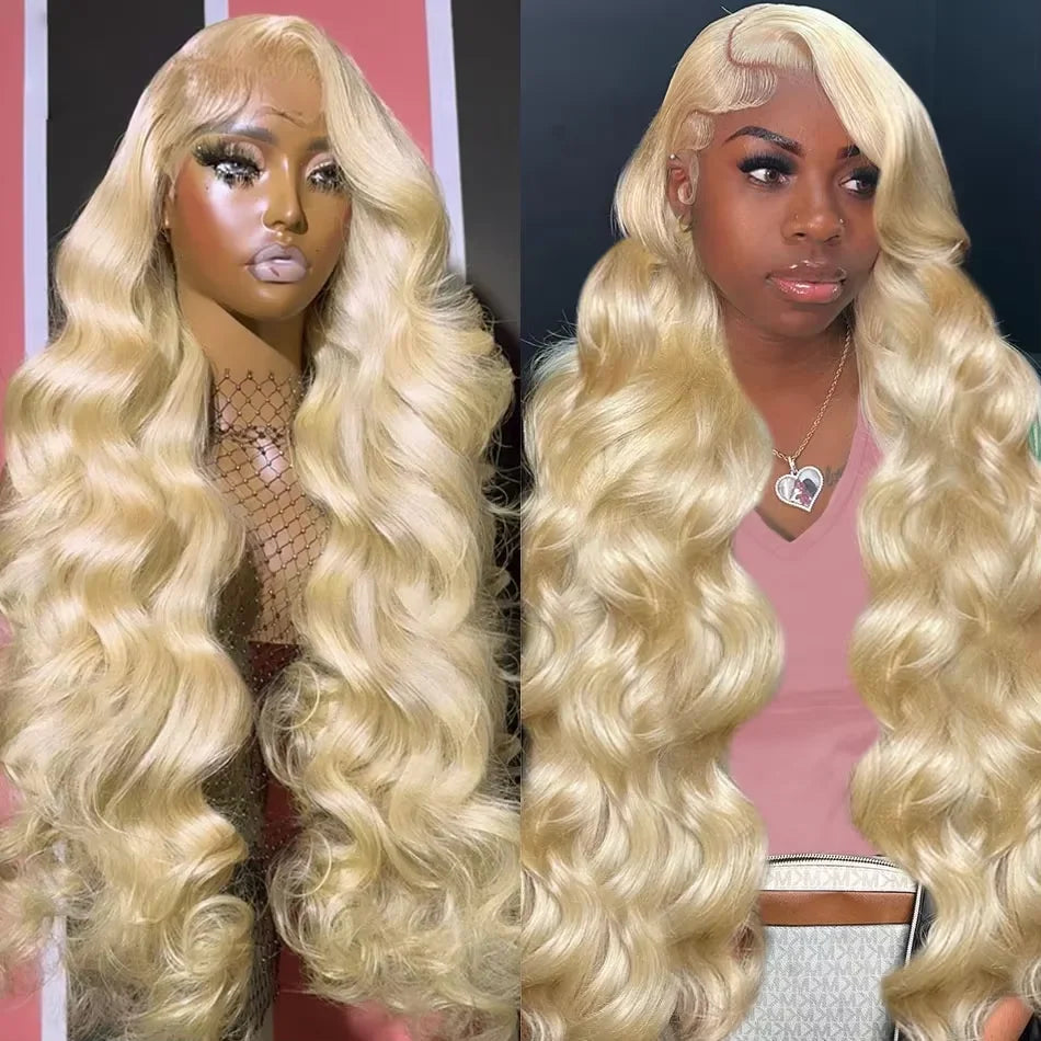 Two models wearing long blonde body wave wigs with deep side parts, voluminous waves and styled baby hairs.