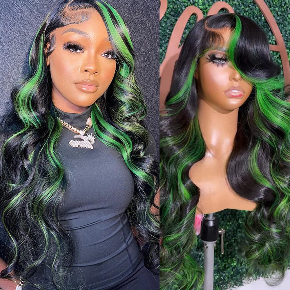 13x6 HD Transparent Body Wave Human Hair Wig Green Highlights