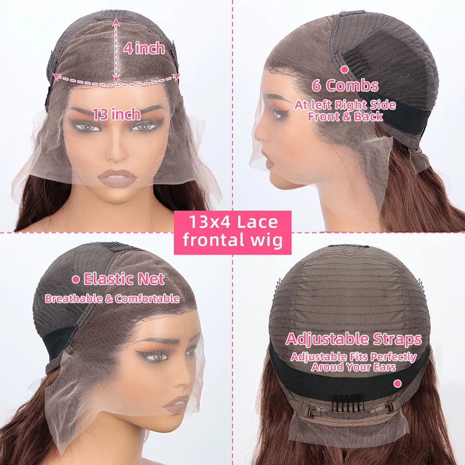 Wig cap diagram showing 13-by-4-inch lace coverage, six combs, elastic mesh and adjustable straps.
