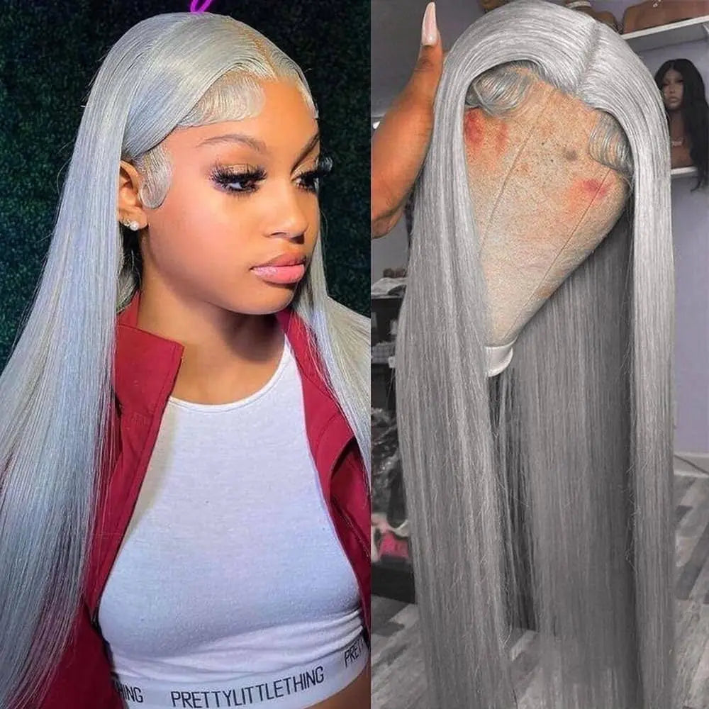 Side-by-side views of a long silver straight wig on a model and canvas stand, showing a side part and sculpted baby hairs.