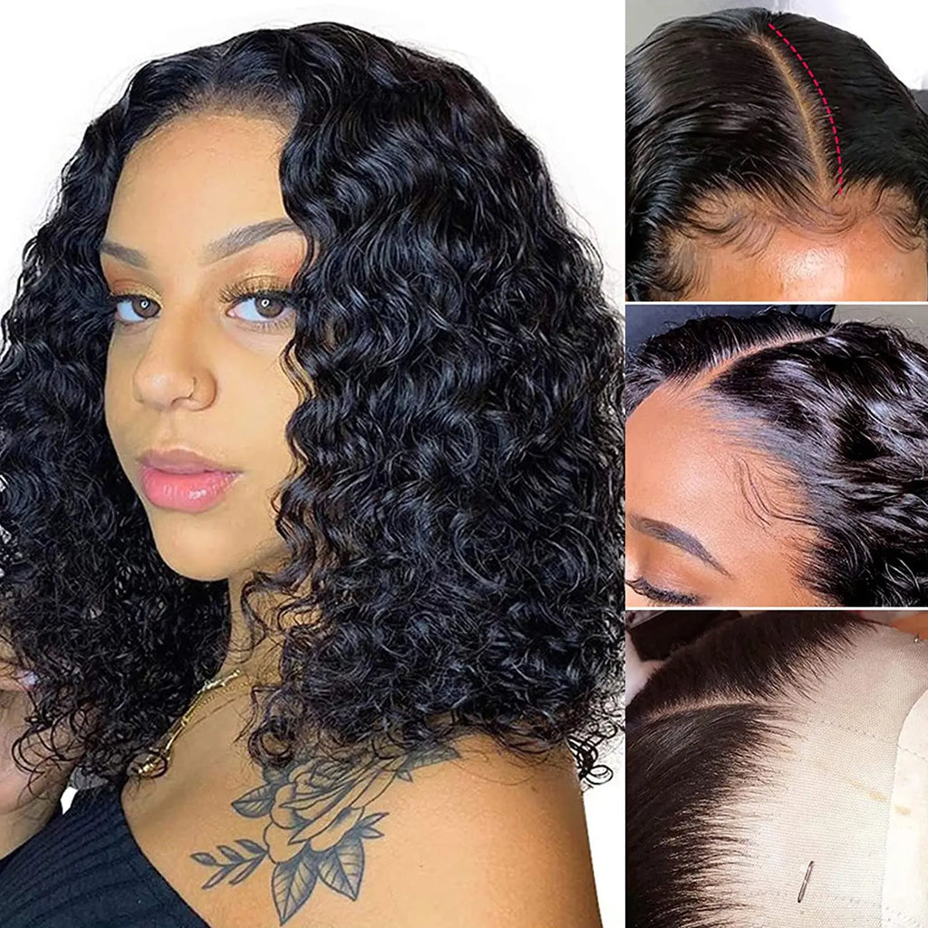 Black curly bob on a model, alongside close-ups of the center part, lace-front hairline and untrimmed lace on a mannequin