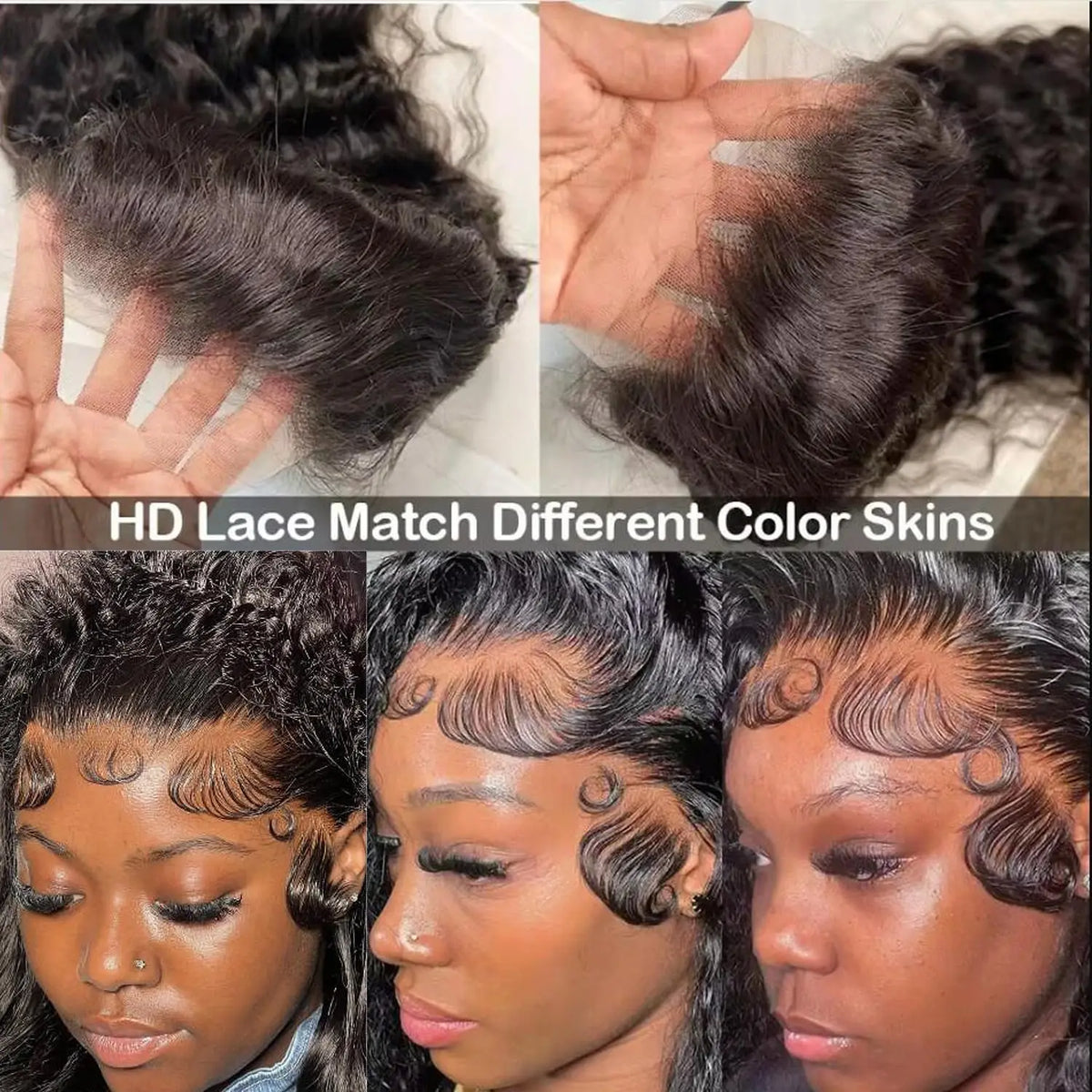 Collage of Deep Wave Lace Front Wigs with text 'HD Lace Match Different Color Skins' on a neutral background.
