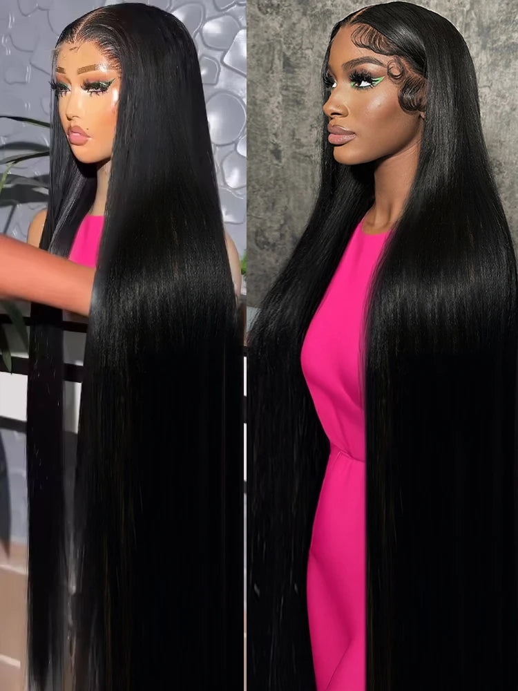Two views of a model wearing an extra-long black bone straight wig with sleek strands and styled baby hairs.