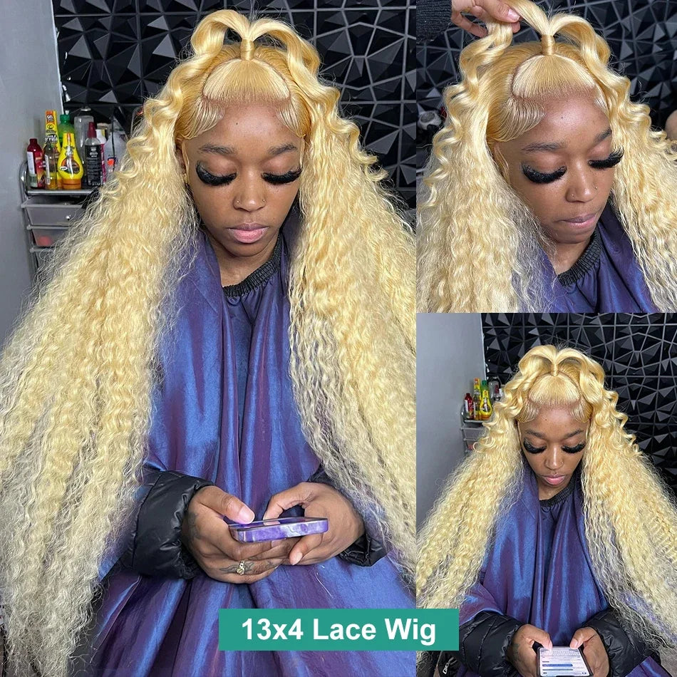 Blonde water wave wig styled in a half-up ponytail with large curls at the crown and long, loose waves.