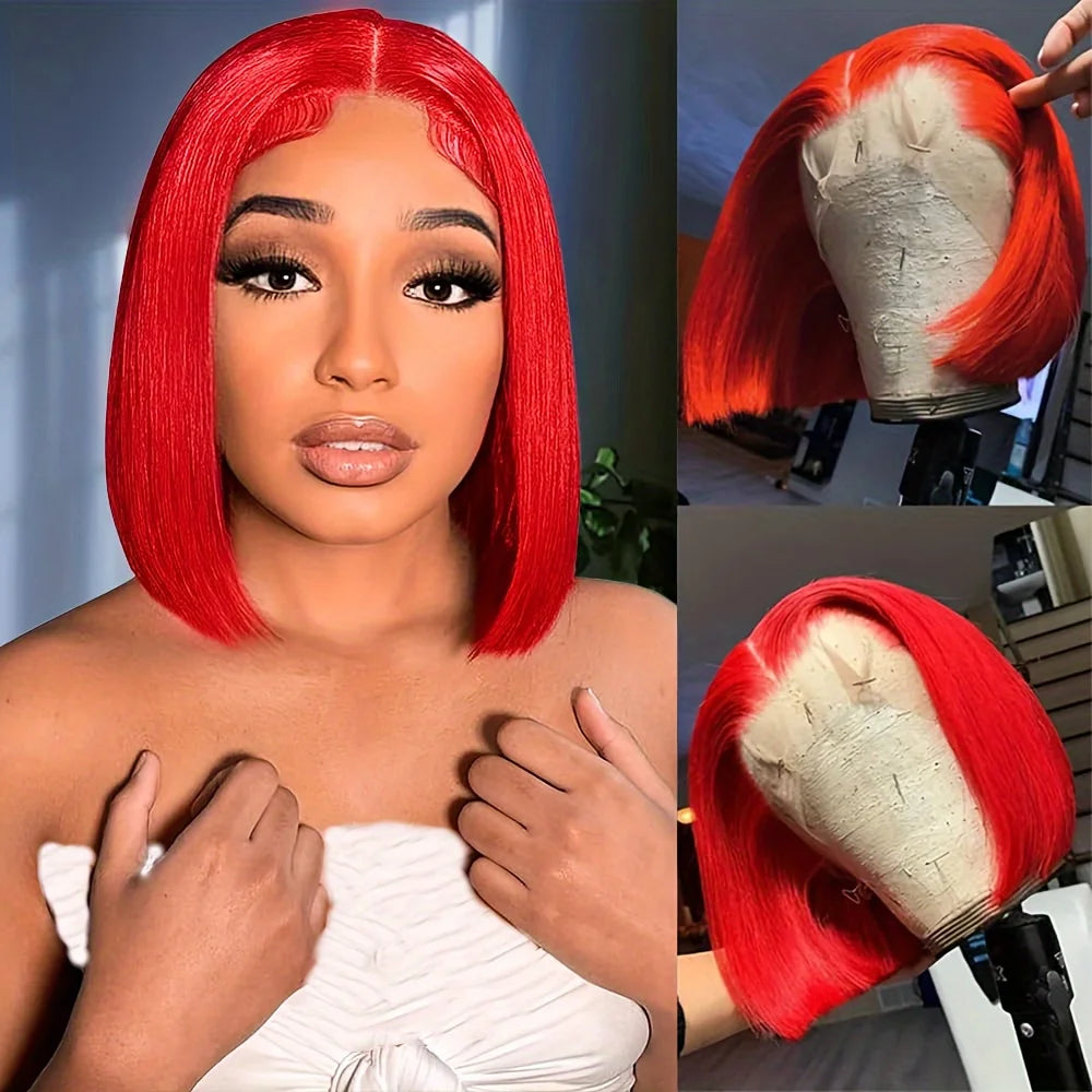 Collage of a chin-length red bob wig with a center part, shown on a model and mannequin from different angles.