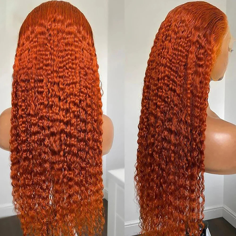 Back and side views of a long ginger deep wave wig on a mannequin, showing defined waves from crown to ends.