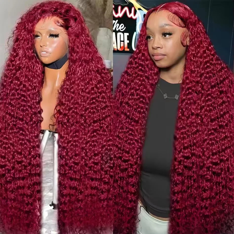 Long 99J burgundy deep wave wig shown on a mannequin and model, with defined curls and styled baby hairs.