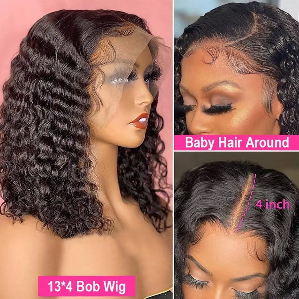 Black deep wave bob on a mannequin, with close-ups of styled baby hairs and a four-inch side part.