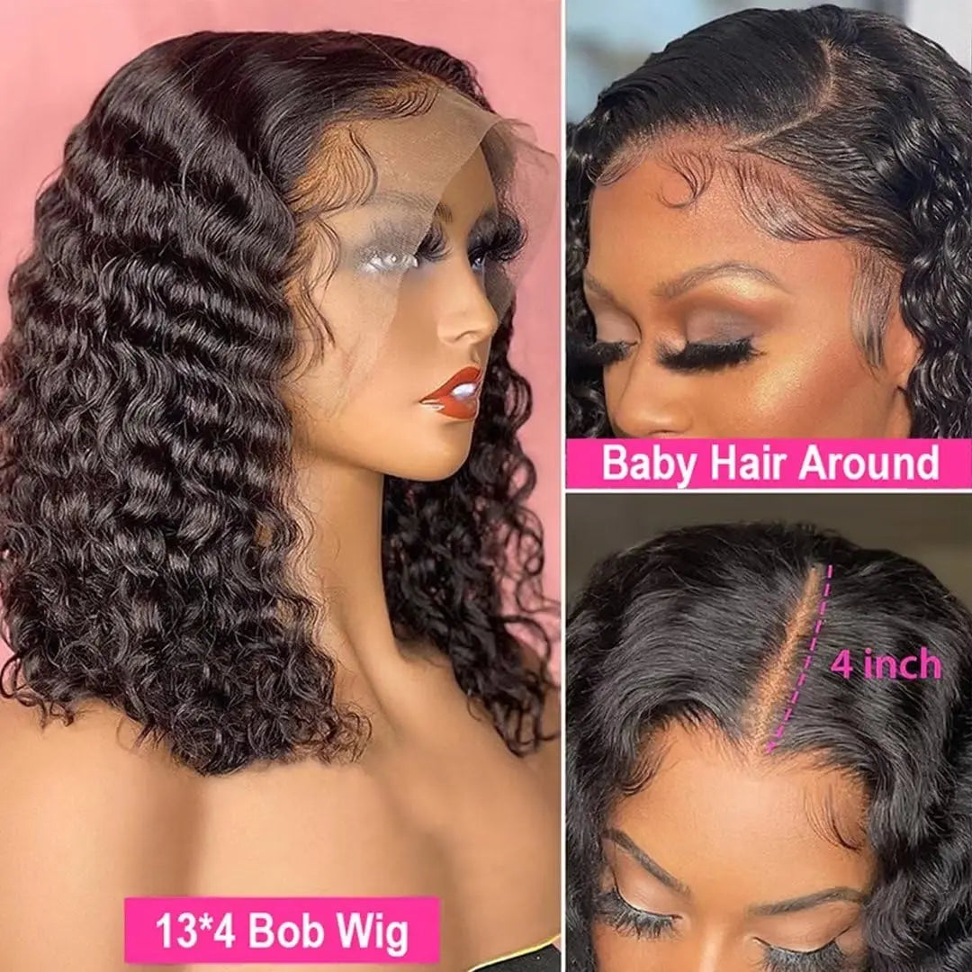 Black deep wave bob on a mannequin, with close-ups of styled baby hairs and a four-inch side part.