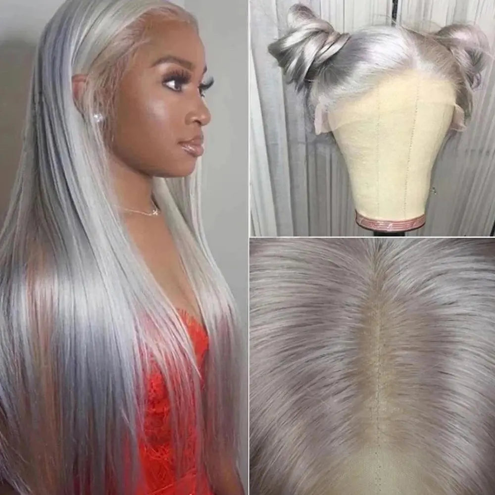Model wearing a long silver straight wig, alongside a two-bun style on a canvas stand and a center-part close-up.