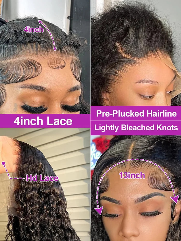 Lace-front hairline close-ups showing 13-by-4-inch measurements, styled baby hairs and a pre-plucked hairline