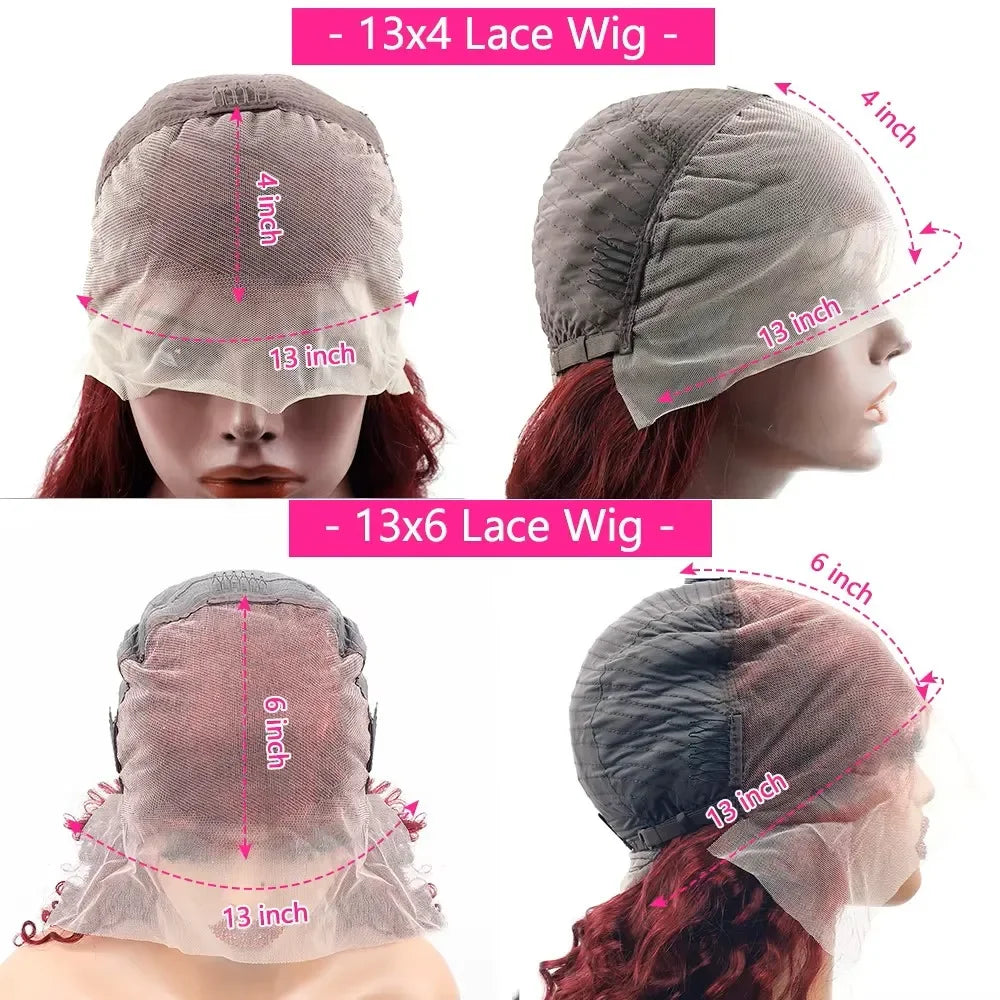 Front and side cap diagrams comparing 13-by-4-inch and 13-by-6-inch lace coverage.