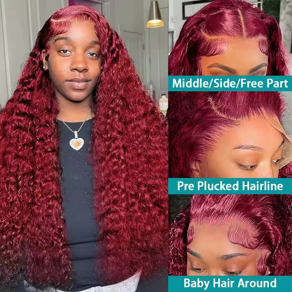 Burgundy deep wave wig on a model, with close-ups of center and side parts, the lace-front hairline and baby hairs.