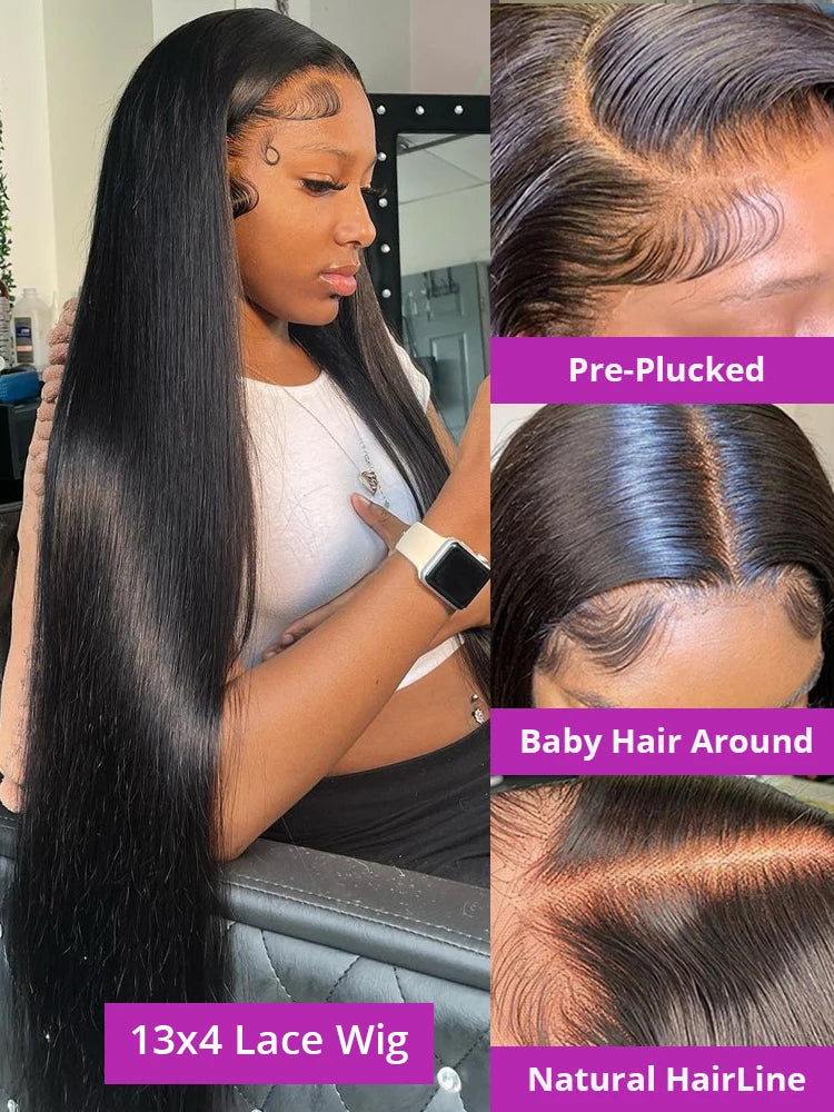Long black straight wig on a model, with close-ups of center and side parts, the lace-front hairline and styled baby hairs.