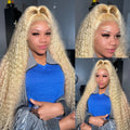 Three views of a model wearing a long 613 blonde water wave wig in a half-up high ponytail with styled baby hairs.