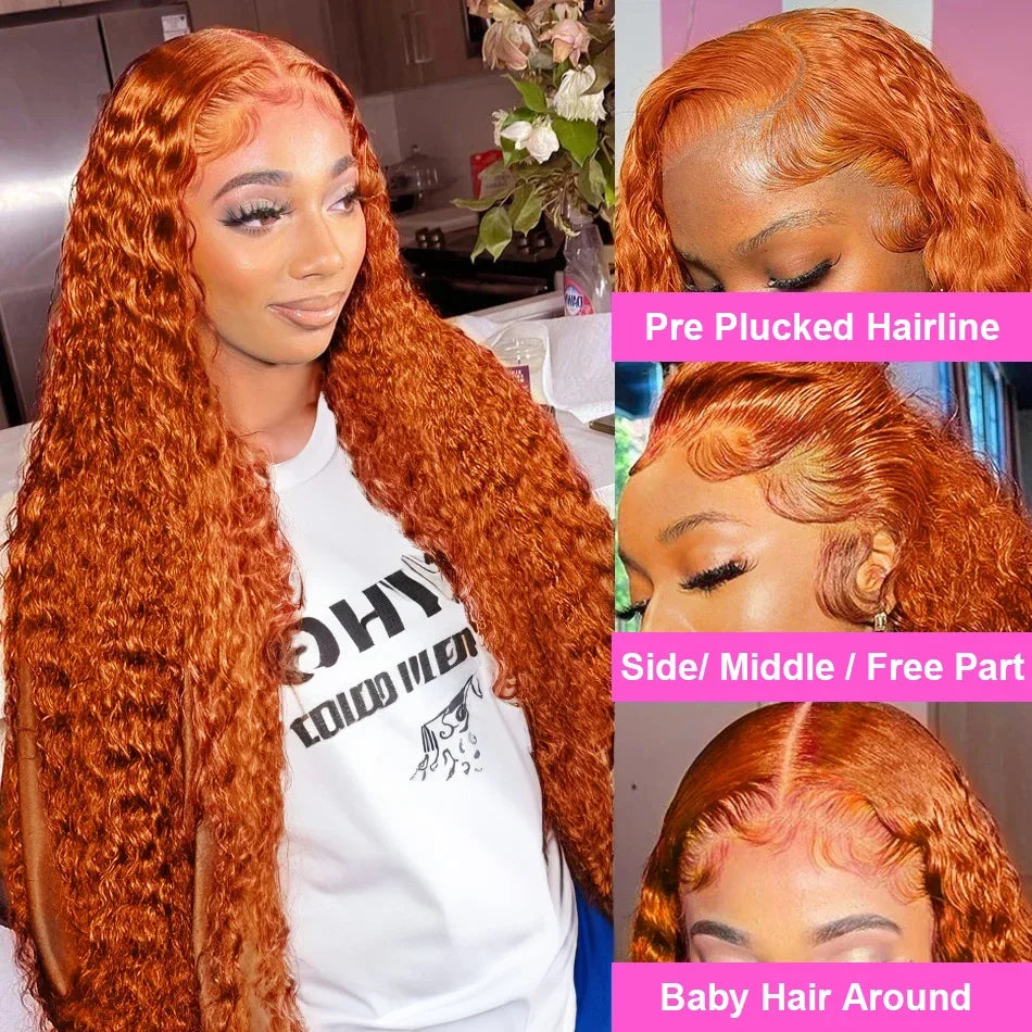 Model wearing a long ginger deep wave wig, with close-ups of the lace-front hairline, side and center parts, and styled baby hairs.