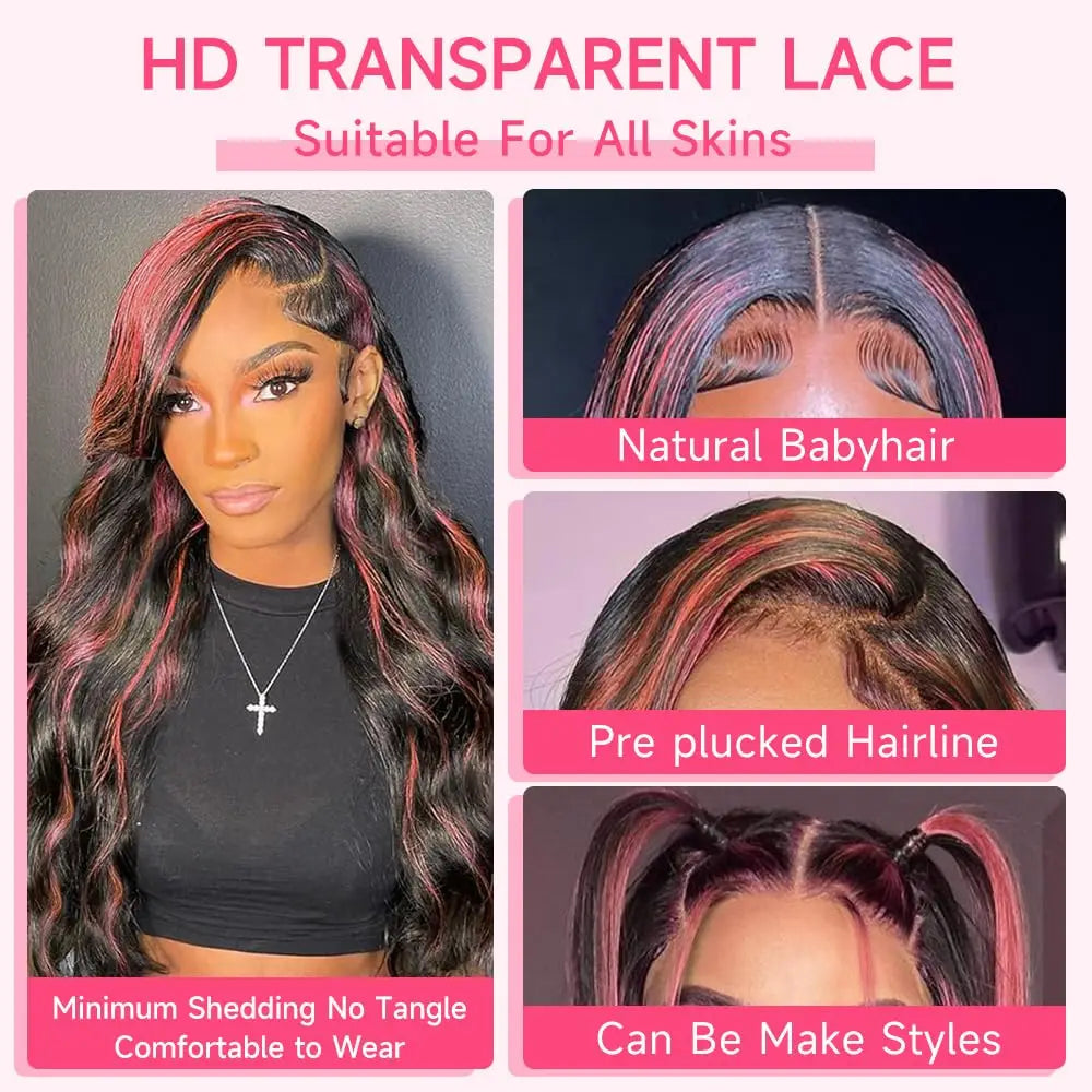 Black and pink highlighted wig on a model, alongside close-ups of baby hairs, the lace-front hairline and twin ponytails.