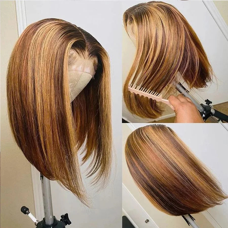 Brown and honey blonde highlighted bob on a mannequin, showing front and back views and hair being combed.