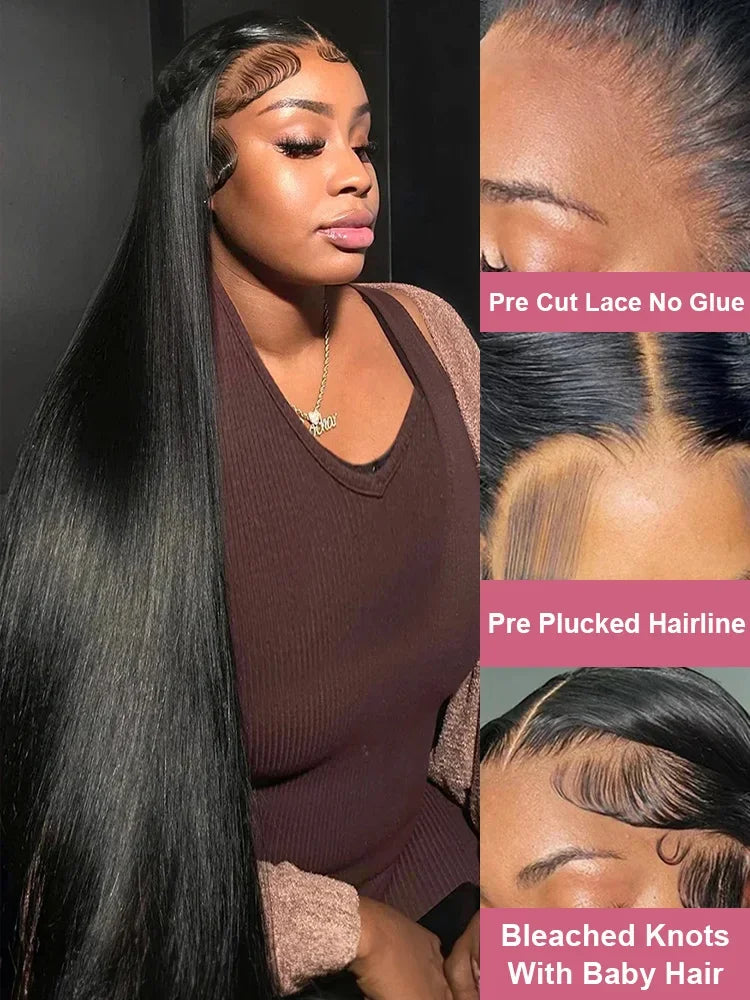Model wearing an extra-long black straight wig, with close-ups labeled to show pre-cut lace, a pre-plucked hairline and bleached knots.
