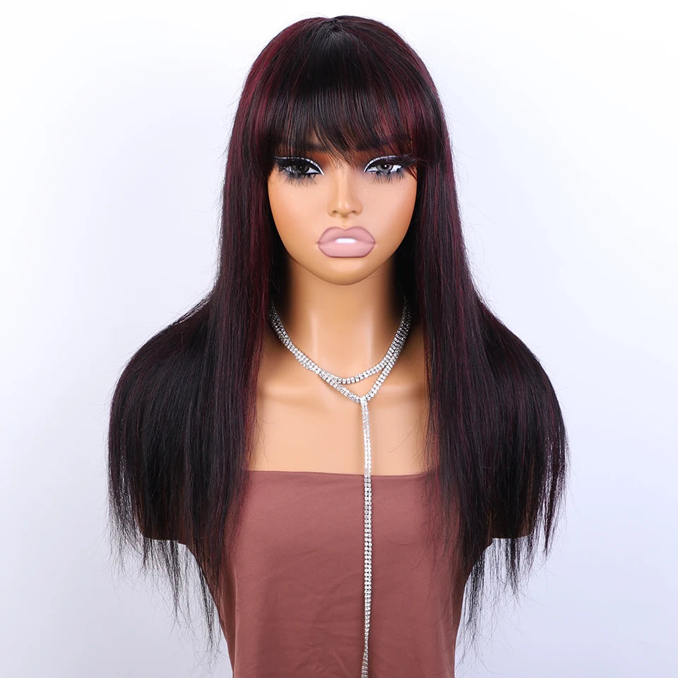 Front view of a long black wig with burgundy highlights, full bangs and straight strands on a mannequin.