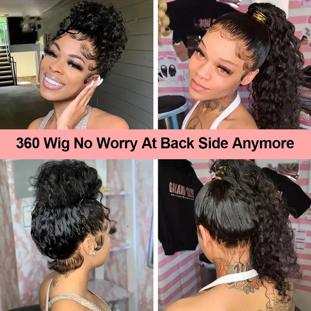 Models wearing a black curly wig in a high bun and high ponytail, showing styled baby hairs at the front and nape.