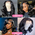 Collage of black body wave bob wigs on models and wig stands, showing side parts, loose curls and lace-front hairlines.
