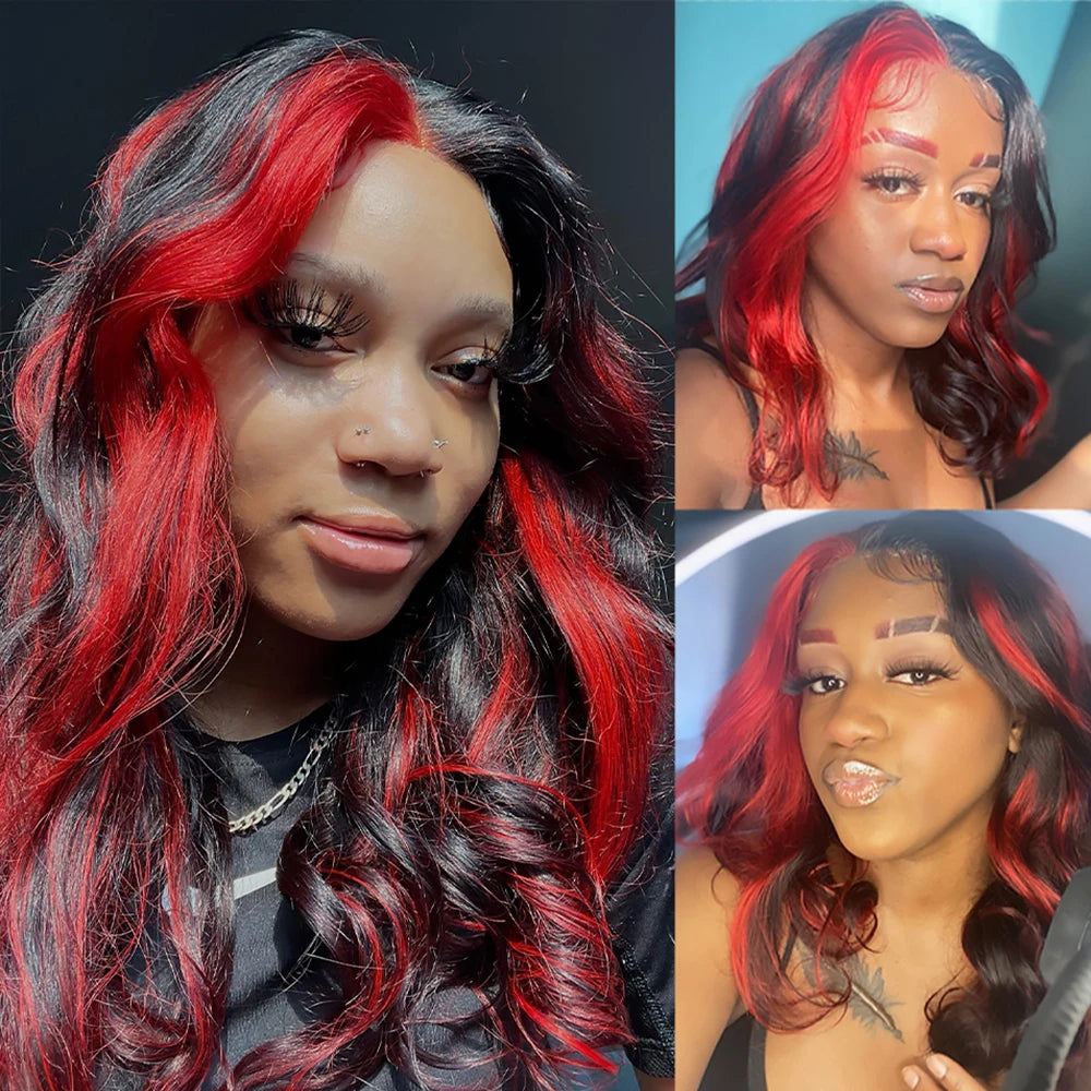 Body Wave Lace Frontal Wig Ombre Red Streak 180% Density
