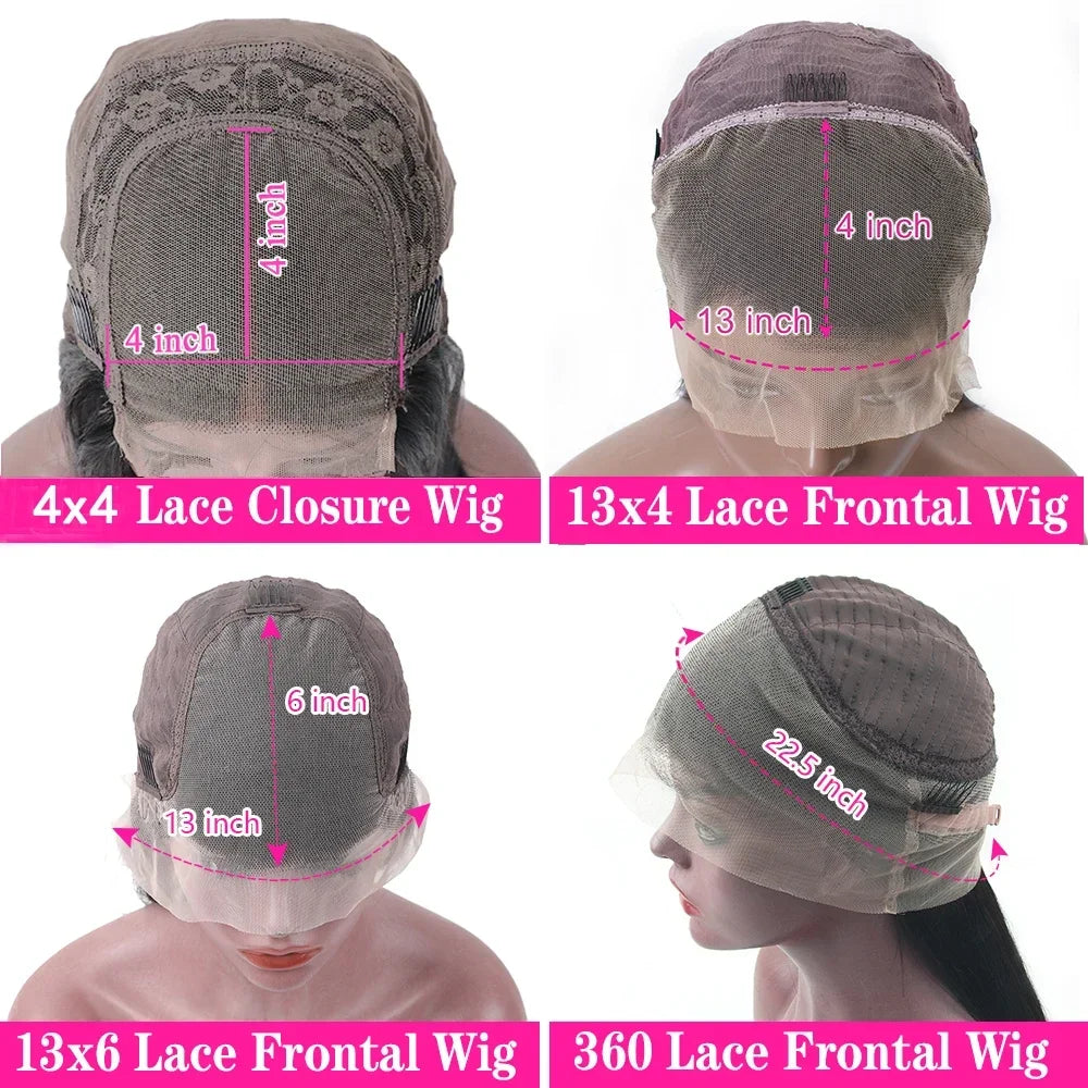 Wig cap comparison showing 4-by-4-inch closure, 13-by-4-inch frontal, 13-by-6-inch frontal and 360 lace coverage.