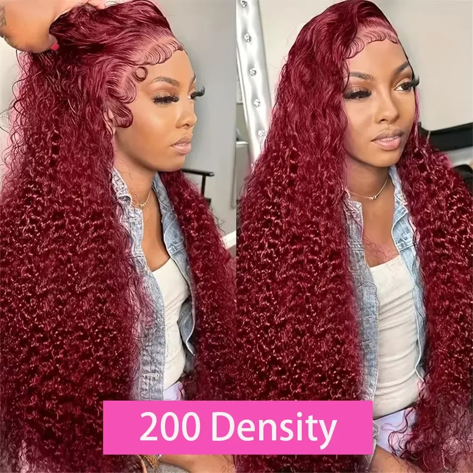 Two views of a model wearing a long burgundy deep wave wig with a side part and sculpted baby hairs.