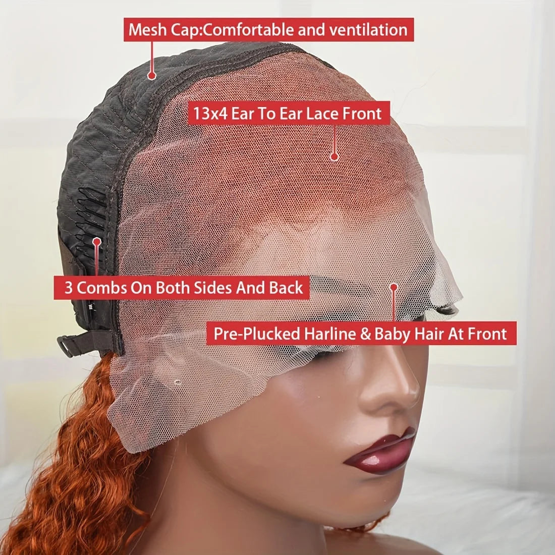 Wig cap diagram showing a 13-by-4-inch lace front, mesh cap, three combs and a pre-plucked hairline with baby hairs.