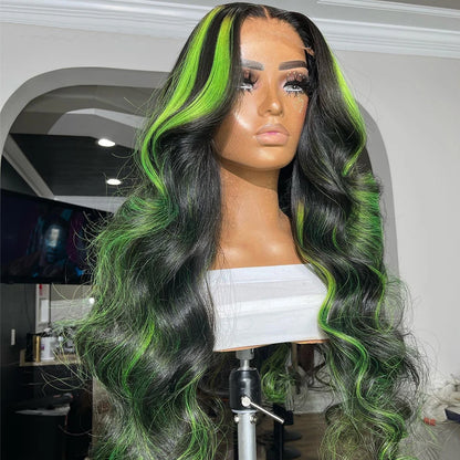 13x6 HD Transparent Body Wave Human Hair Wig Green Highlights