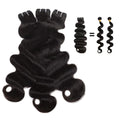 Body Wave Virgin Human Hair Bundles with a comparison to a single piece on a white background