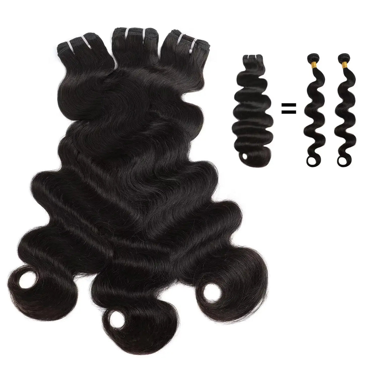 Body Wave Virgin Human Hair Bundles with a comparison to a single piece on a white background