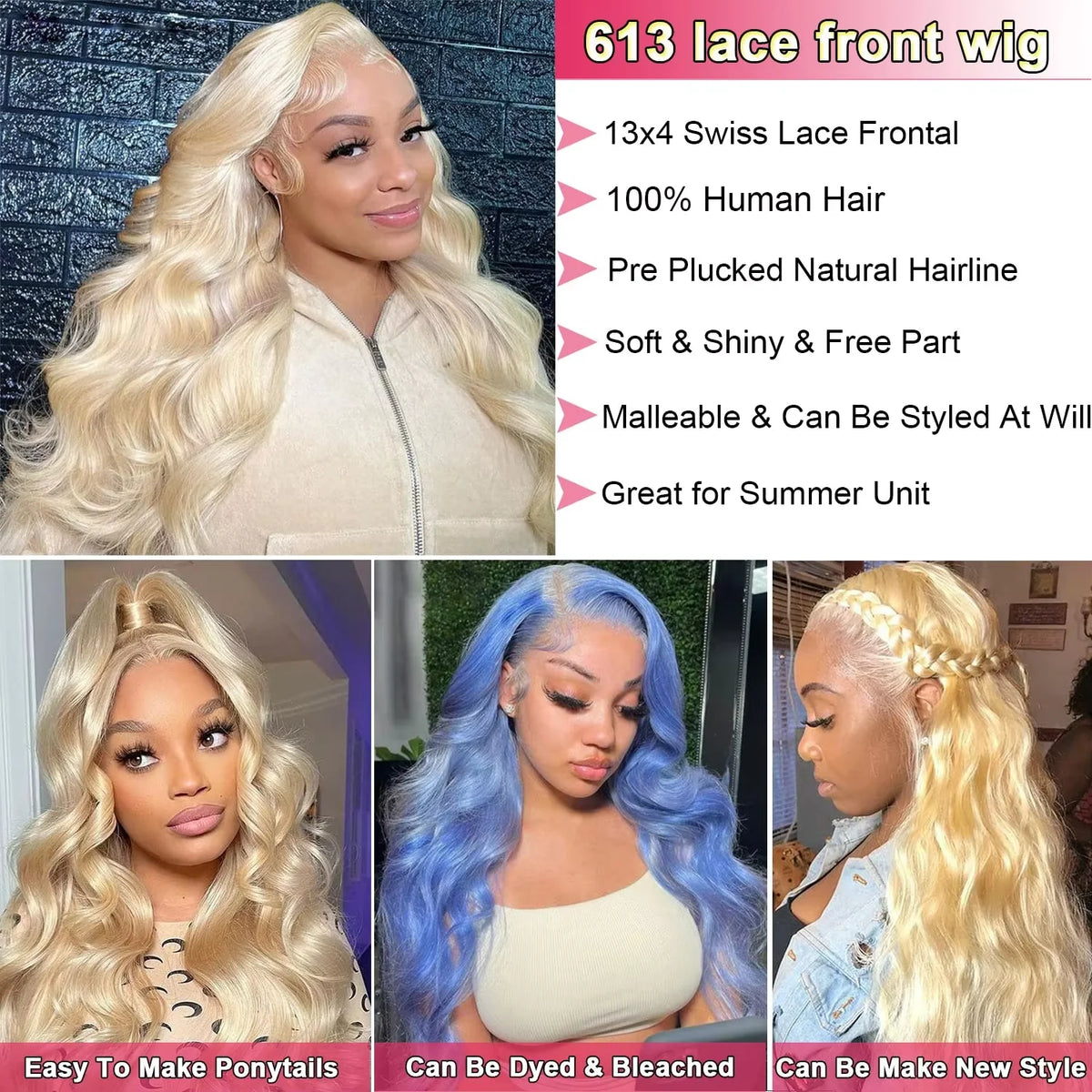 Blonde lace-front wig feature collage showing loose waves, a half-up ponytail, a blue-dyed style and a braided half-up style.