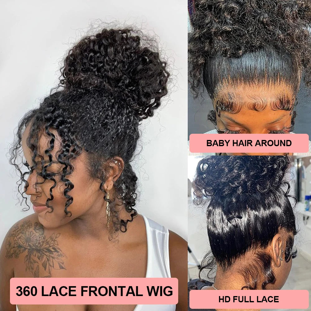 Black curly wig in a high bun with face-framing spirals, alongside close-ups of styled baby hairs at the forehead and nape.