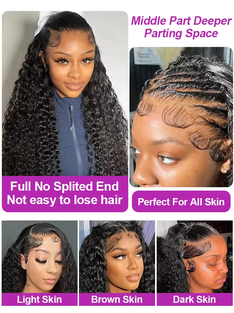 Black deep wave wig shown in loose and braided styles, with hairline close-ups on models with different skin tones