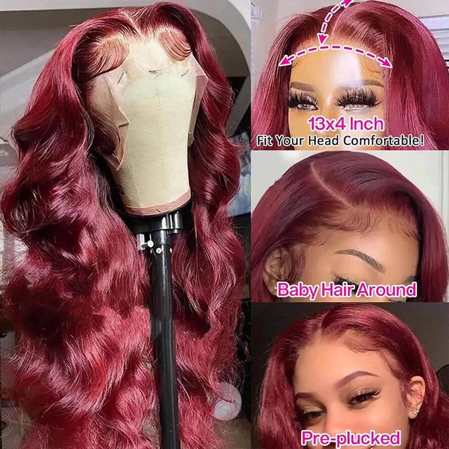 Body Wave Lace Front Wig 200% Density, Pre Plucked - Burgundy