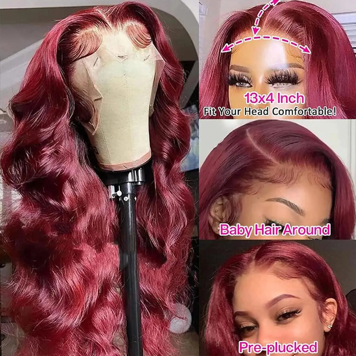 Long burgundy body wave wig on a canvas stand, with close-ups of the lace-front hairline, center part and styled baby hairs.