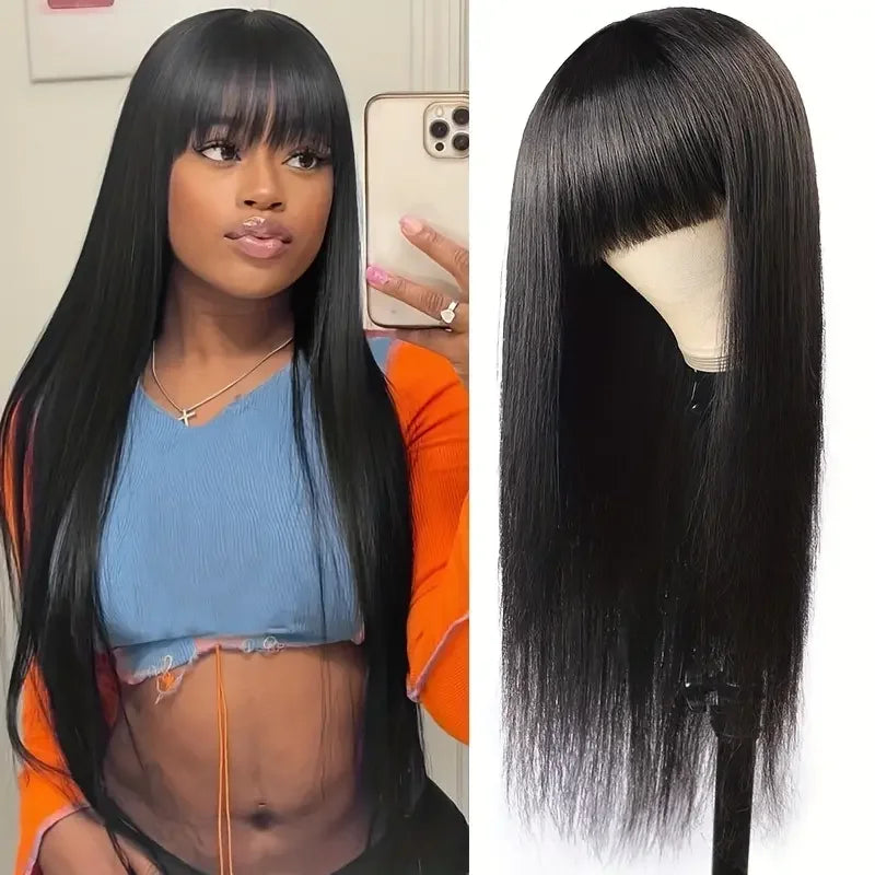 Two images of a model showcasing a silky straight black wig with bangs, one from the front and one from the side.