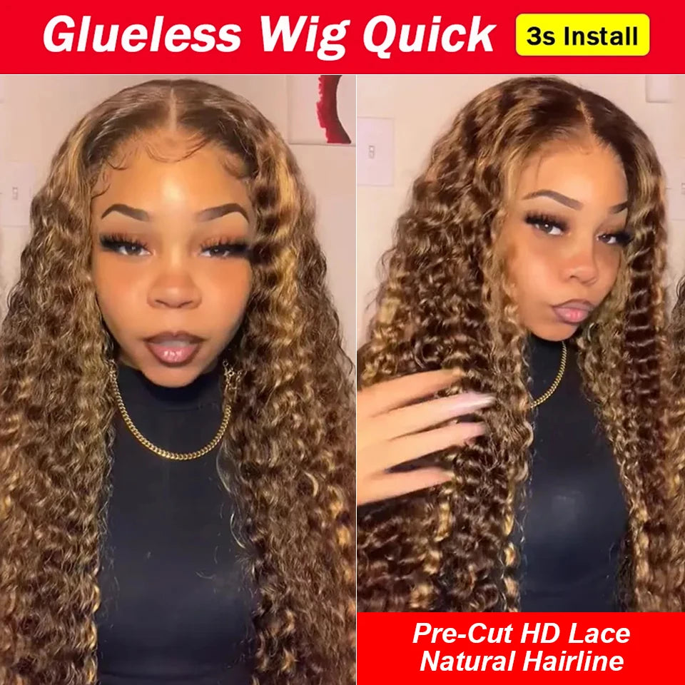 Front and angled views of a highlighted brown curly wig on a model, showing a center part and styled baby hairs.