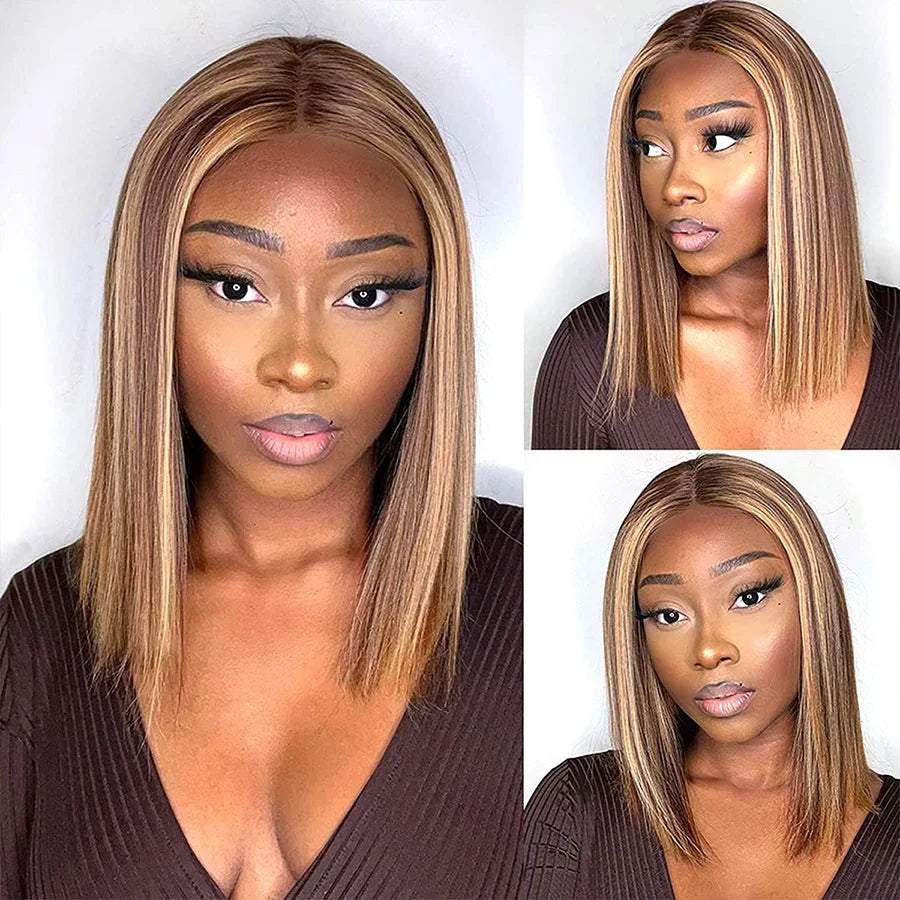 Three views of a model wearing a straight brown bob with honey blonde highlights, a center part and blunt ends