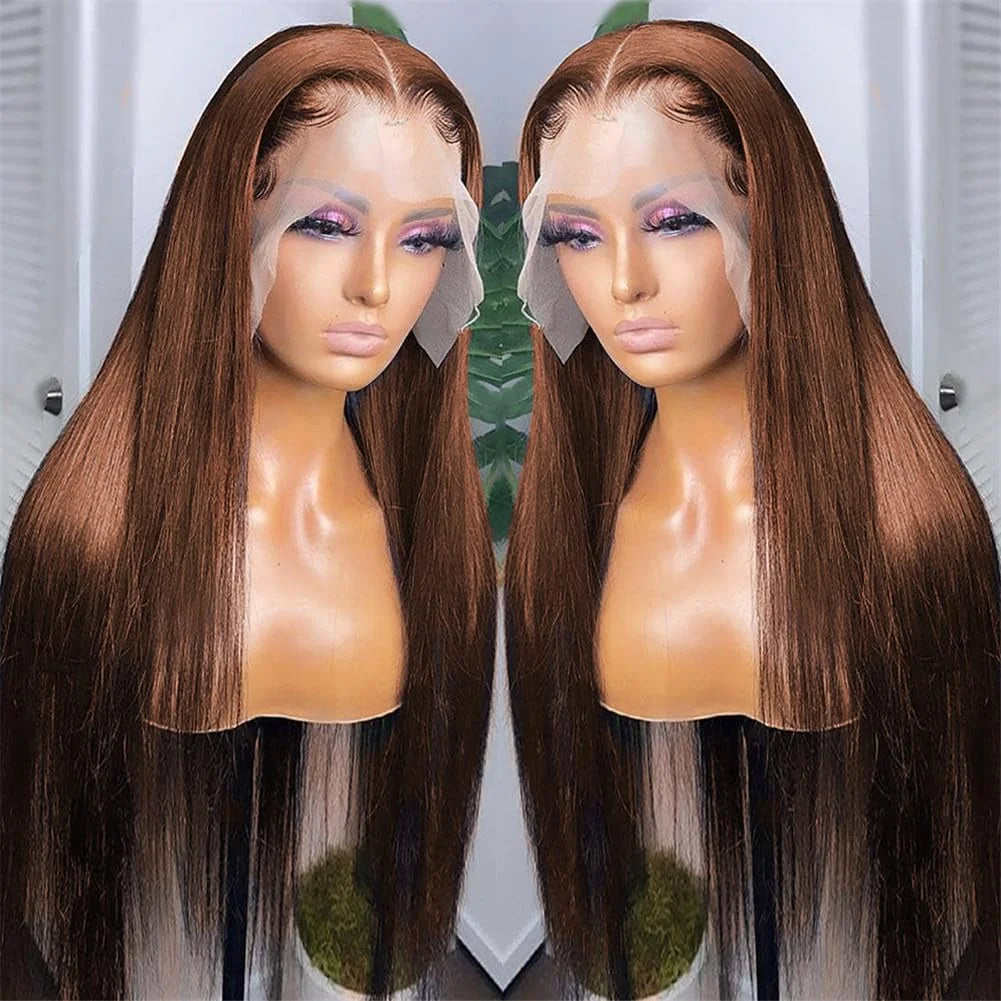 Two angled views of a long brown straight wig on a mannequin, showing a center part, styled baby hairs and untrimmed lace.